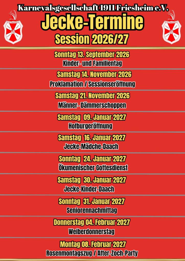 Die Jecken-Termine für die Session 2026/27 stehen&nbsp;fest